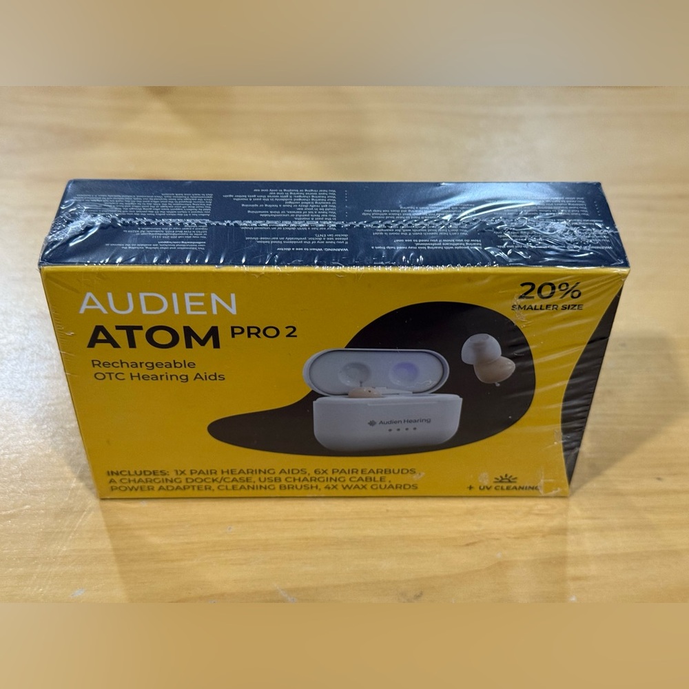 AUDIEN ATOM PRO 2 Rechargeable OTC Hearing Aids Brand New Sealed.